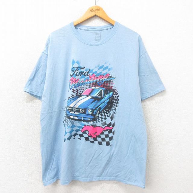 XL★古着 半袖 Tシャツ メンズ フォード ムスタング 大きいサイズ コットン クルーネック 水色 25may19 中古