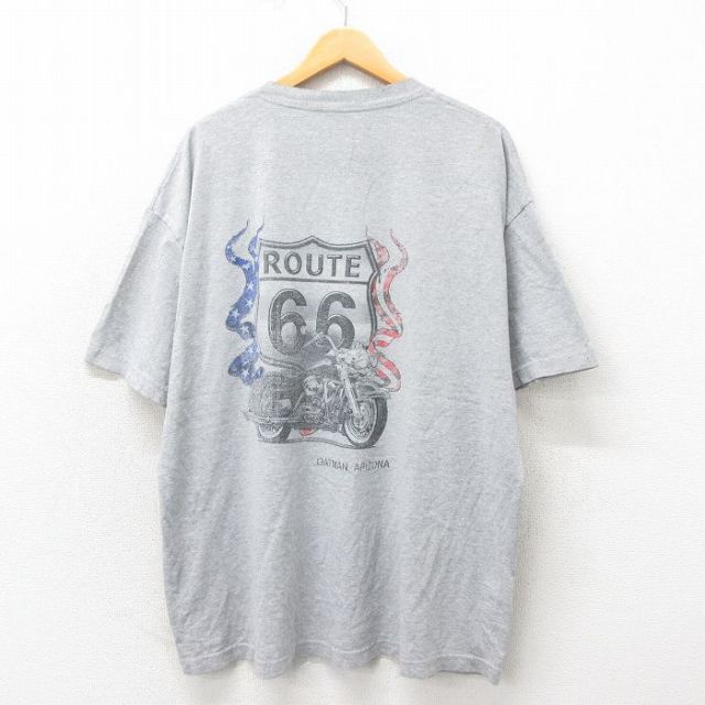 XL★古着 半袖 Tシャツ メンズ ルート66 バイク 大きいサイズ クルーネック グレー 霜降り 25may30 中古