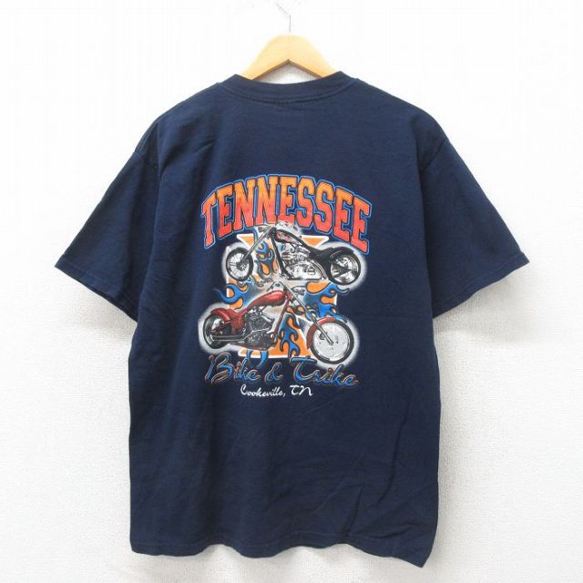 L★古着 半袖 ビンテージ Tシャツ メンズ 00年代 00s バイク コットン クルーネック 紺 ネイビー 25may30 中古