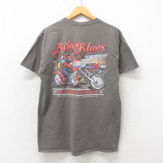 L★古着 半袖 Tシャツ メンズ イノシシ バイク コットン クルーネック グレー 25may30 中古