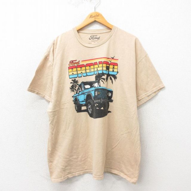 XL★古着 半袖 Tシャツ メンズ フォード ブロンコ 大きいサイズ コットン クルーネック ベージュ カーキ 霜降り 25may30 中古