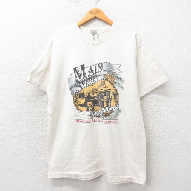 XL★古着 フルーツオブザルーム 半袖 ビンテージ Tシャツ メンズ 90年代 90s メインストリート ホットロッド HOT ROD コットン クルーネック USA製 生成り 25may30 中古
