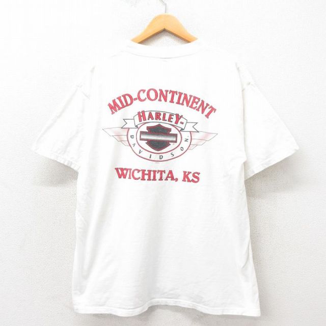 XL★古着 ハーレーダビッドソン Harley Davidson 半袖 ビンテージ Tシャツ メンズ 90年代 90s カンザス 胸ポケット付き 大きいサイズ クルーネック 白 ホワイト 【spe】 25may30 中古