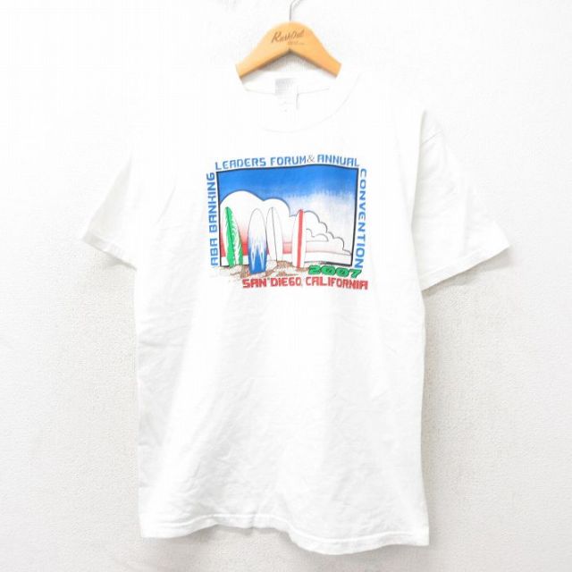 L★古着 半袖 ビンテージ サーフ Tシャツ メンズ 00年代 00s サーフボード コットン クルーネック 白 ホワイト 25may31 中古