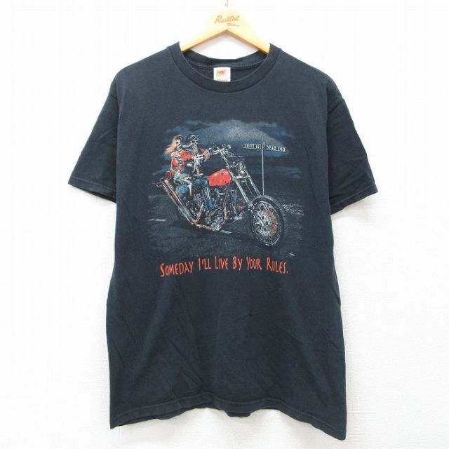 L★古着 フルーツオブザルーム 半袖 ビンテージ Tシャツ メンズ 00年代 00s バイク スケルトン コットン クルーネック 黒 ブラック 25jun12 中古