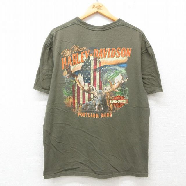 XL★古着 半袖 Tシャツ メンズ ハーレーダビッドソン Harley Davidson シカ 大きいサイズ クルーネック 濃緑 グリーン 【spe】 25jun12 中古