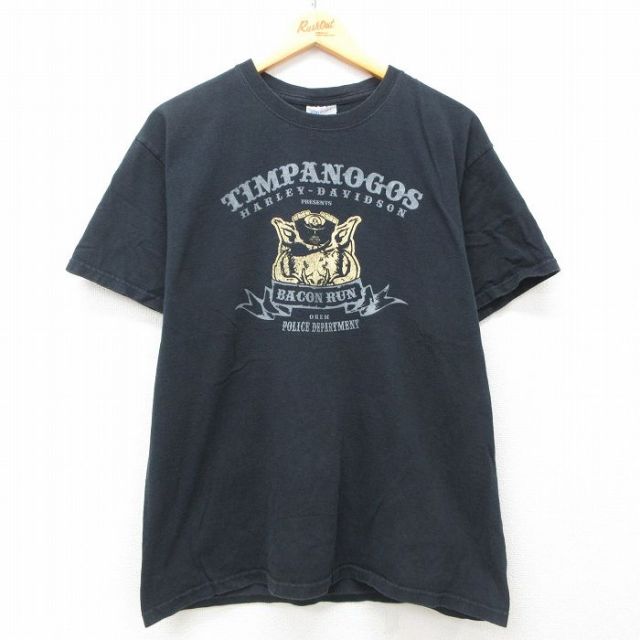 L★古着 半袖 ビンテージ Tシャツ メンズ 00年代 00s ハーレーダビッドソン Harley Davidson ブタ ティンパノーゴス コットン クルーネック 黒 ブラック 25jun12 中古