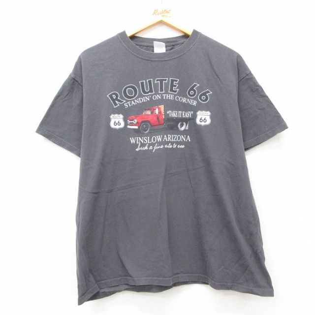 XL★古着 半袖 ビンテージ Tシャツ メンズ 00年代 00s 車 ルート66 コットン クルーネック 濃グレー 25jun12 中古
