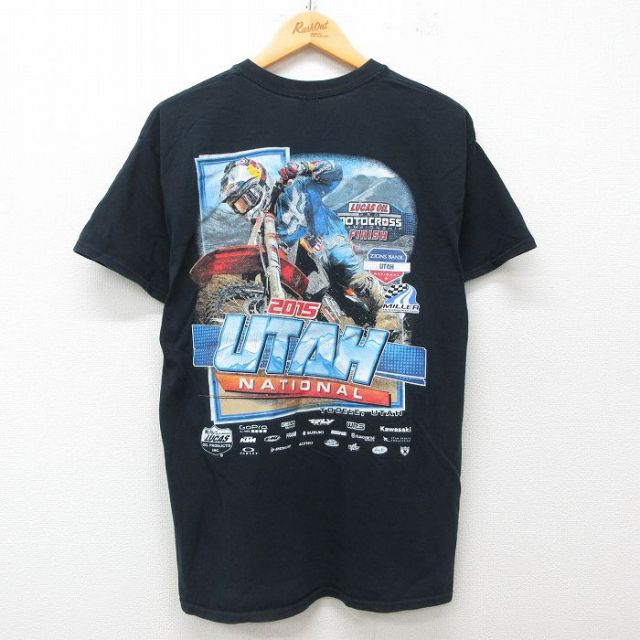 【20%OFF】L★古着 半袖 Tシャツ メンズ バイク ユタ 企業広告 コットン クルーネック 黒 ブラック 25jun12 中古