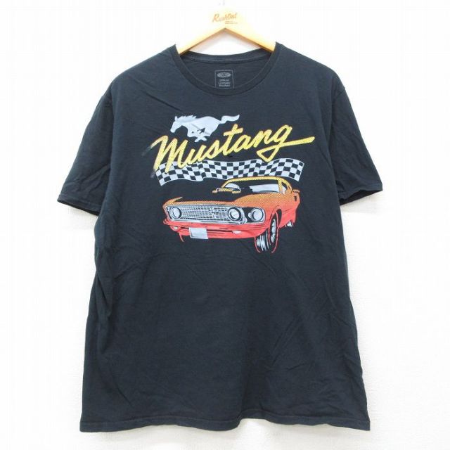 XL★古着 半袖 Tシャツ メンズ フォード Ford 車 クラシックカー ムスタング コットン クルーネック 黒 ブラック 25jun12 中古