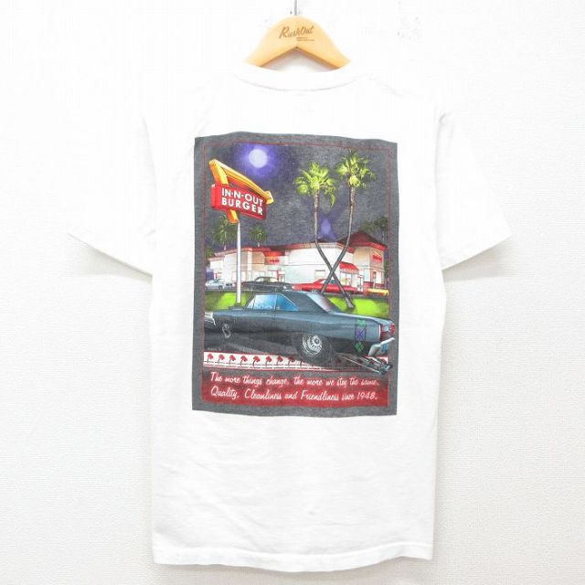 M★古着 半袖 Tシャツ メンズ 車 クラシックカー インアンドアウトバーガー コットン クルーネック 白 ホワイト 25jun12 中古