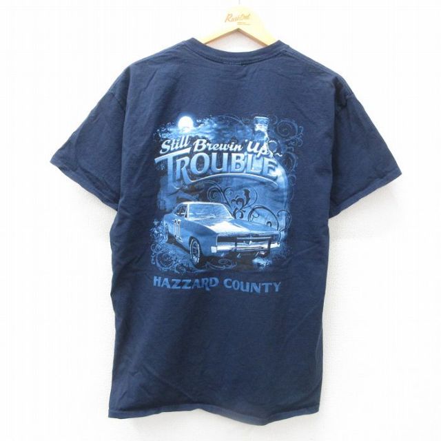 L★古着 半袖 Tシャツ メンズ 車 クラシックカー TROUBLE コットン クルーネック 濃紺 ネイビー 25jun12 中古