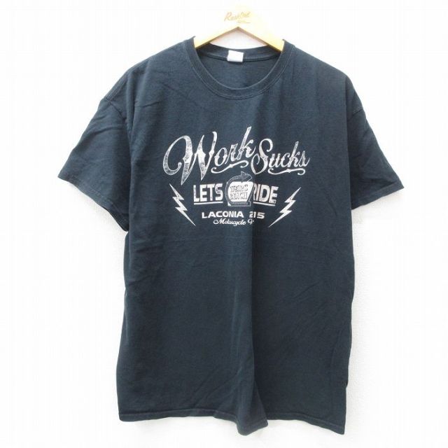 XL★古着 半袖 Tシャツ メンズ バイク スケルトン WORKSUCKS 大きいサイズ コットン クルーネック 黒 ブラック 25jun12 中古