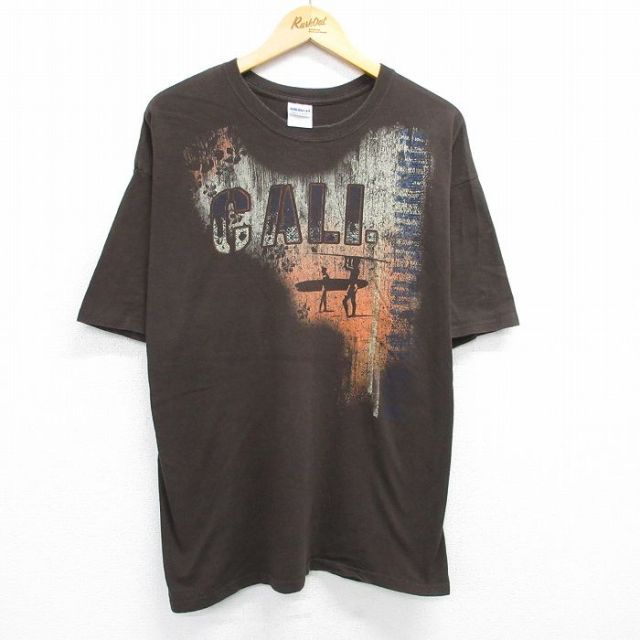 XL★古着 半袖 ビンテージ Tシャツ メンズ 00年代 00s サーフィン CALI 大きいサイズ コットン クルーネック 茶 ブラウン 25jun12 中古