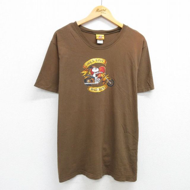 XL★古着 半袖 Tシャツ メンズ ピーナッツ スヌーピー SNOOPY バイク ハート 大きいサイズ コットン クルーネック 茶 ブラウン 25jun12 中古
