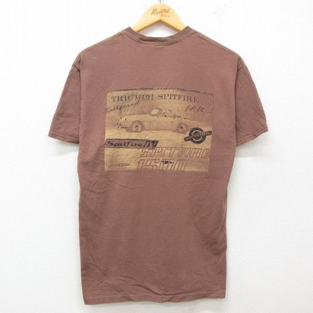 M★古着 半袖 Tシャツ メンズ 車 クラシックカー トライアンフ スピットファイアー コットン クルーネック 茶 ブラウン 25jun13 中古