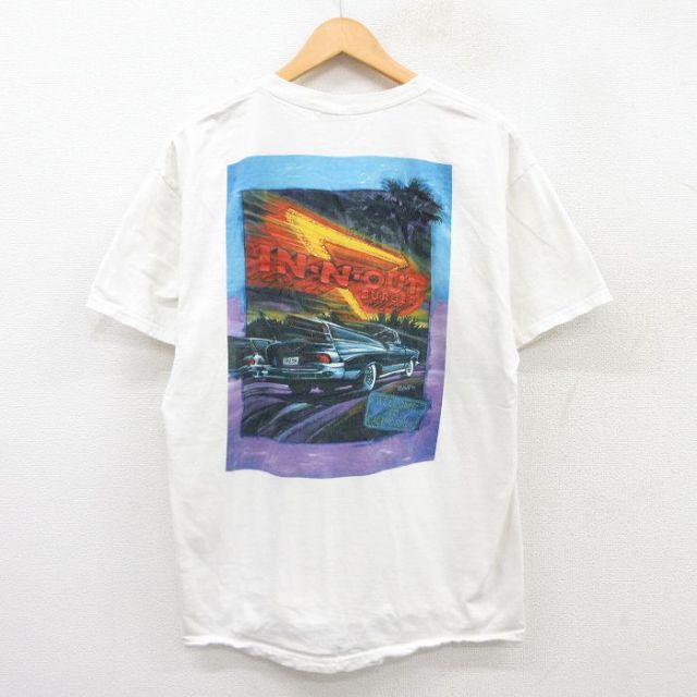 L★古着 ヘインズ Hanes 半袖 ビンテージ Tシャツ メンズ 車 クラシックカー インアンドアウトバーガー コットン クルーネック 白 ホワイト 【spe】 25jun13 中古