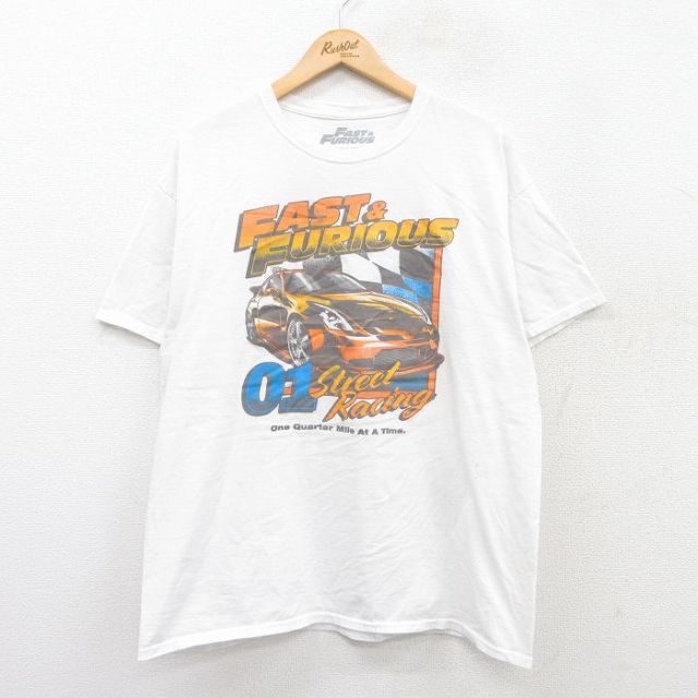 XL★古着 半袖 Tシャツ メンズ 映画 ワイルドスピード 車 レーシング コットン クルーネック 白 ホワイト 25jun13 中古
