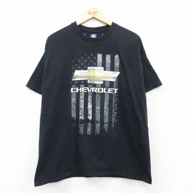 XL★古着 半袖 Tシャツ メンズ シボレー 星条旗 コットン クルーネック 黒 ブラック 25jun13 中古