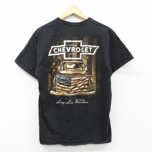L★古着 半袖 Tシャツ メンズ シボレー 車 星条旗 クルーネック 黒 ブラック 25jun13 中古