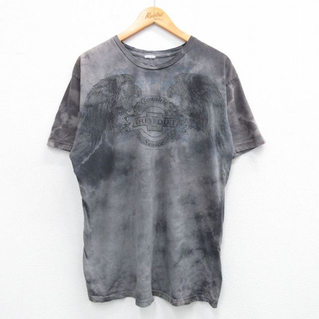 L★古着 半袖 Tシャツ メンズ シボレー 鳥 クルーネック 濃グレー タイダイ 25jun18 中古