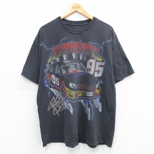 XL★古着 半袖 Tシャツ メンズ レーシングカー ROBERTS クルーネック 黒 ブラック 25jun18 中古