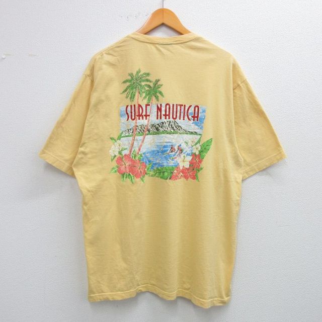 XL★古着 ノーティカ NAUTICA 半袖 ブランド Tシャツ メンズ サーフィン ハイビスカス ヤシの木 大きいサイズ コットン クルーネック 薄黄色 イエロー 25jun18 中古