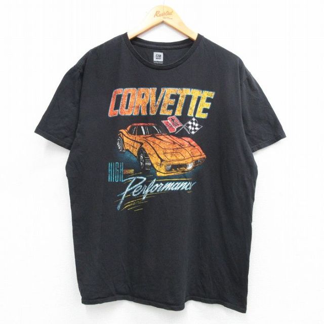 XL★古着 半袖 Tシャツ メンズ 車 クラシックカー シボレーコルベット コットン クルーネック 黒 ブラック 25jun18 中古
