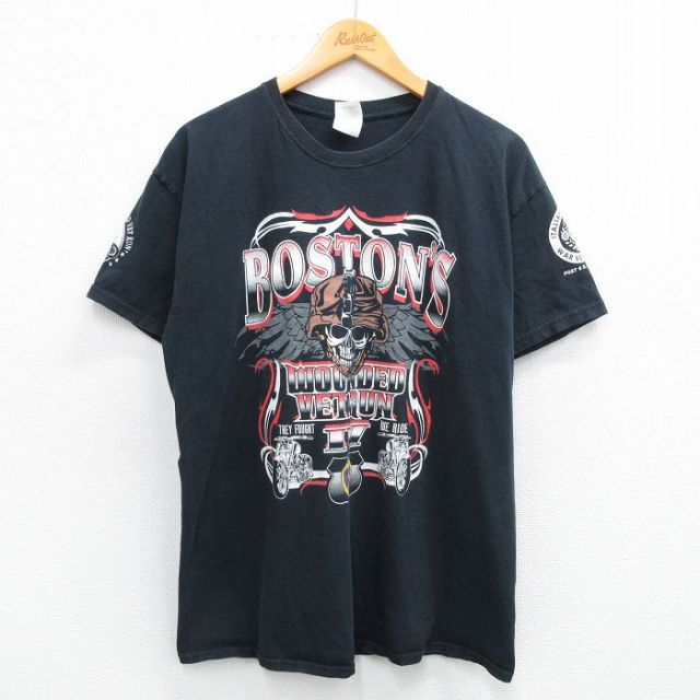L★古着 半袖 ビンテージ Tシャツ メンズ 00年代 00s バイク スカル 企業広告 コットン クルーネック 黒 ブラック 25jun18 中古