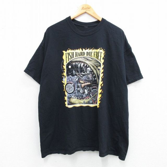 XL★古着 半袖 Tシャツ メンズ バイク スケルトン 魚 大きいサイズ クルーネック 黒 ブラック 25jun18 中古