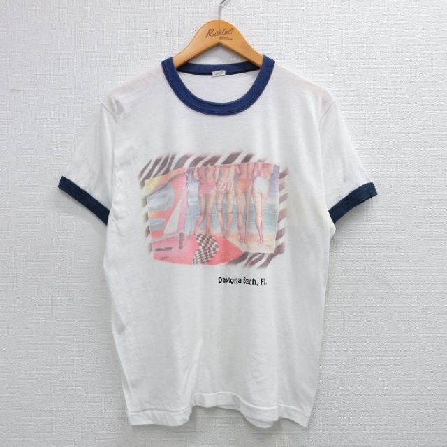 L★古着 半袖 ビンテージ Tシャツ メンズ 80年代 80s サーフィン 女性 クルーネック USA製 白 ホワイト リンガー 25jun18 中古
