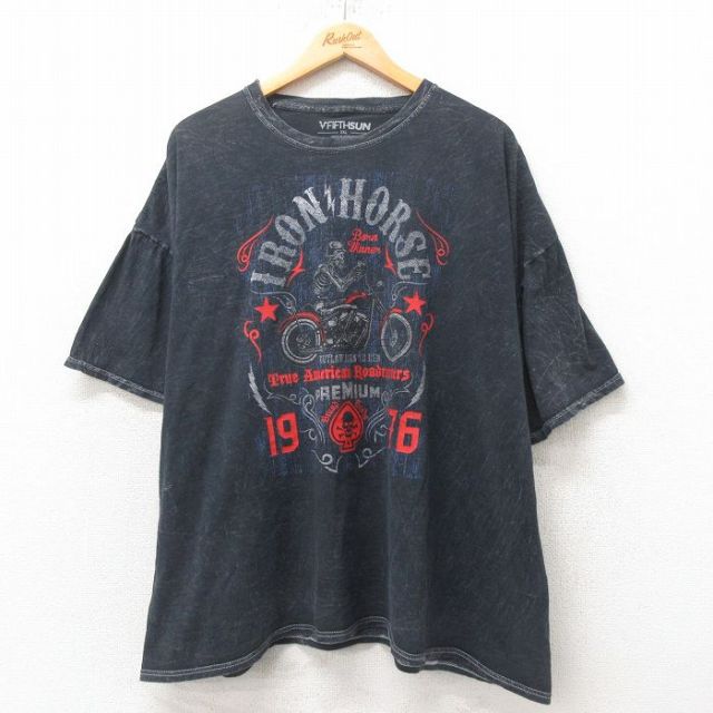 XL★古着 半袖 Tシャツ メンズ スケルトン バイク 大きいサイズ コットン クルーネック 黒 ブラック 25jun19 中古