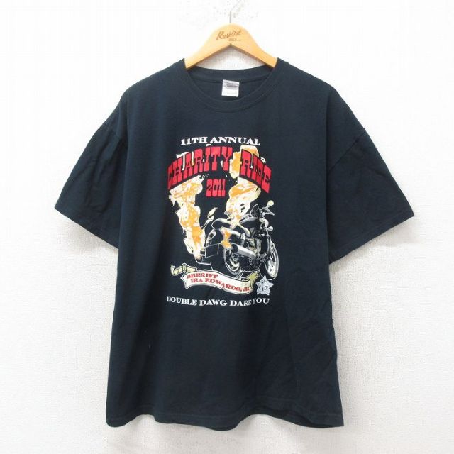XL★古着 半袖 Tシャツ メンズ バイク 大きいサイズ コットン クルーネック 黒 ブラック 25jun19 中古