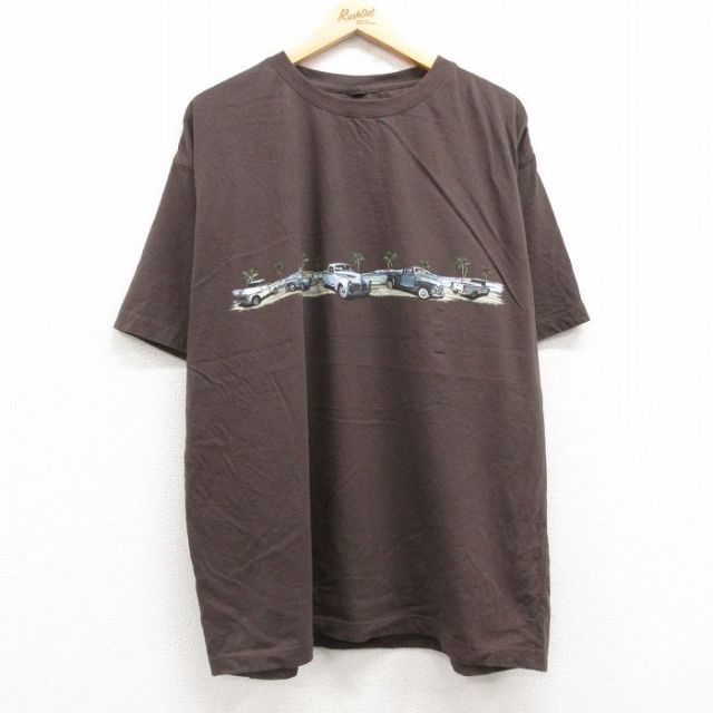 【50%OFF】XL★古着 半袖 Tシャツ メンズ 車 大きいサイズ コットン クルーネック 茶 ブラウン 25jul04 中古