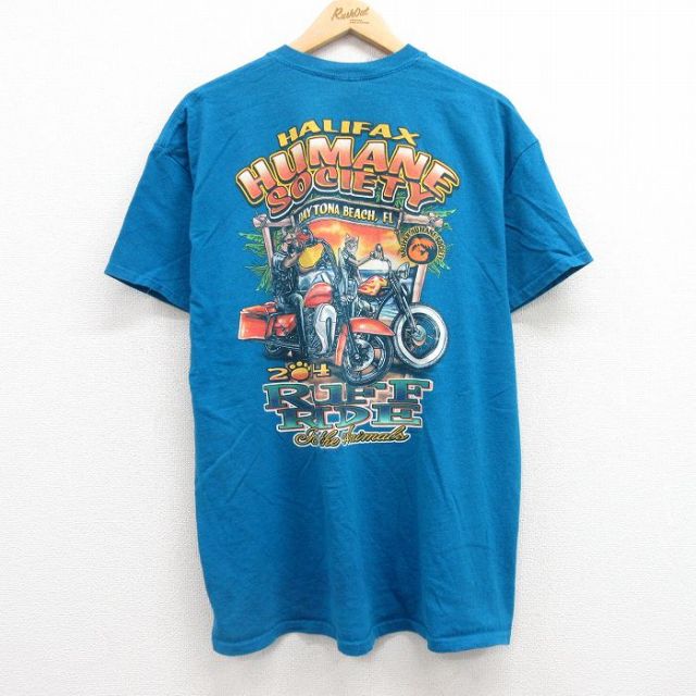 XL★古着 半袖 Tシャツ メンズ バイク ネコ 犬 クルーネック 青 ブルー 霜降り 25jul04 中古