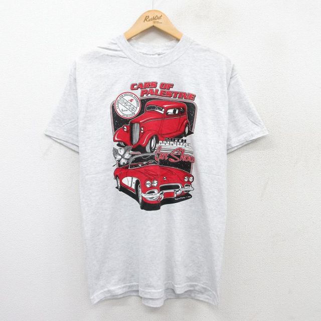 【50%OFF】L★古着 ヘインズ Hanes 半袖 ビンテージ Tシャツ メンズ 00年代 00s 車 ホットロッド HOT ROD クラシックカー 企業広告 大きいサイズ 薄グレー 霜降り 25jul09 中古
