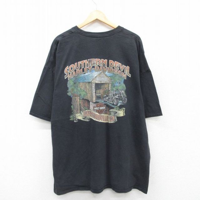 XL★古着 ハーレーダビッドソン Harley Davidson 半袖 Tシャツ メンズ バイク サザンデビル 胸ポケット付き ロング丈 大きいサイズ クルーネック 黒 ブラック 25jul09 中古