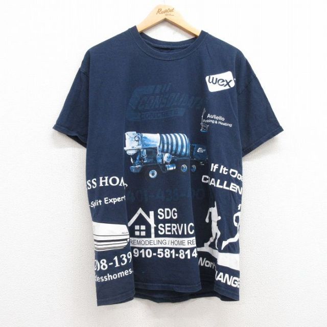 【50%OFF】XL★古着 半袖 Tシャツ メンズ トラック 大きいサイズ クルーネック 紺 ネイビー 25jul12 中古