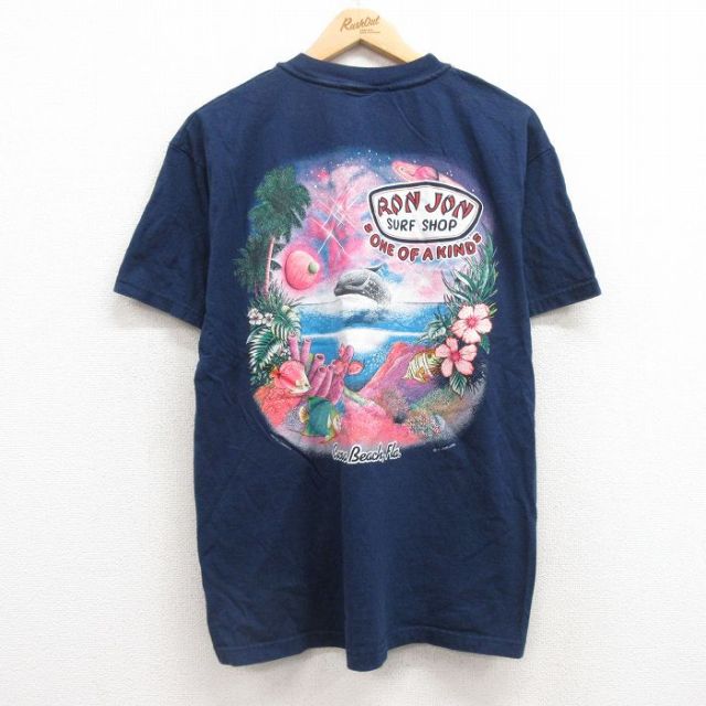 L★古着 ロンジョン 半袖 ビンテージ Tシャツ メンズ 90年代 90s 魚 胸ポケット付き コットン クルーネック USA製 紺 ネイビー 【spe】 25jul12 中古