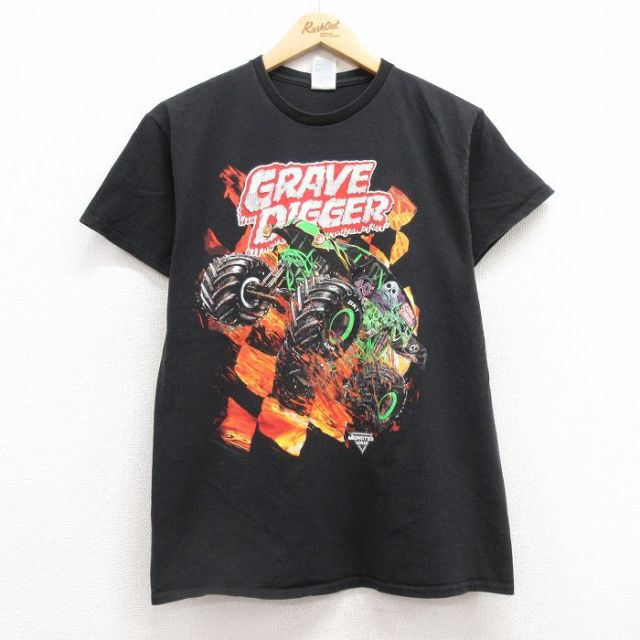 【20%OFF】M★古着 半袖 Tシャツ メンズ GRAVE DIGGER コットン クルーネック 黒 ブラック 25jul12 中古