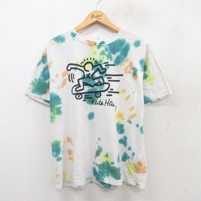 XL★古着 半袖 Tシャツ メンズ キースヘリング スケボー クルーネック 白他 ホワイト タイダイ 25jul15 中古