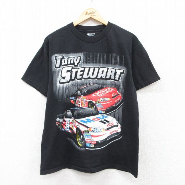 【50%OFF】L★古着 半袖 Tシャツ メンズ トニースチュワート レーシングカー コットン クルーネック 黒 ブラック 25jul15 中古