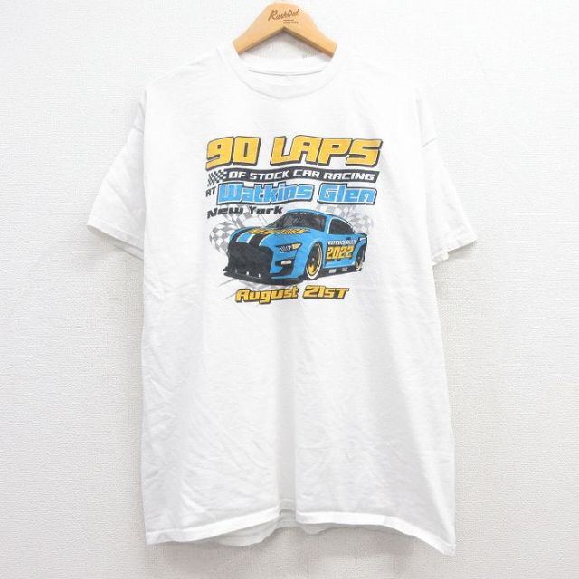 XL★古着 半袖 Tシャツ メンズ レーシングカー クルーネック 白 ホワイト 25jul19 中古
