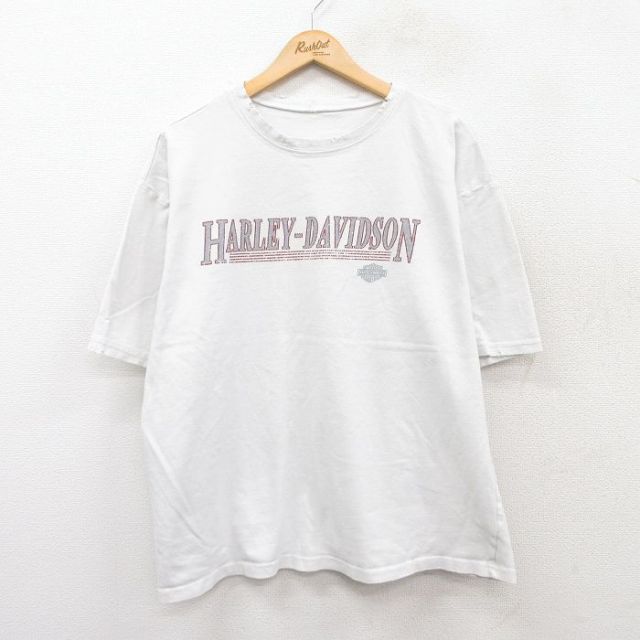 【50%OFF】XL★古着 ハーレーダビッドソン Harley Davidson 半袖 Tシャツ メンズ ビッグロゴ ボロ 大きいサイズ クルーネック 白 ホワイト 25jul19 中古
