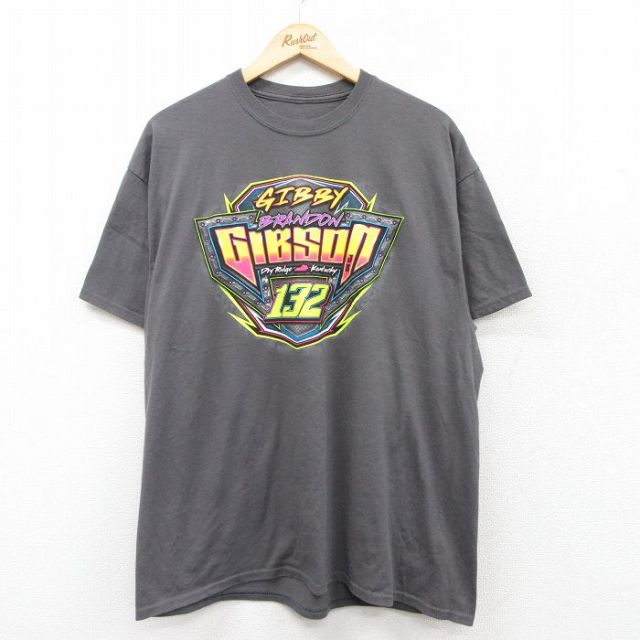 XL★古着 半袖 Tシャツ メンズ レーシングカー クルーネック 濃グレー 25jul19 中古
