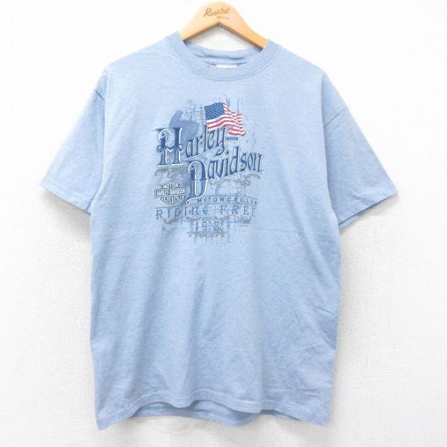 L★古着 ハーレーダビッドソン Harley Davidson 半袖 ビンテージ Tシャツ メンズ 00年代 00s ビッグロゴ コットン クルーネック USA製 薄紺 ネイビー 霜降り 25jul25 中古
