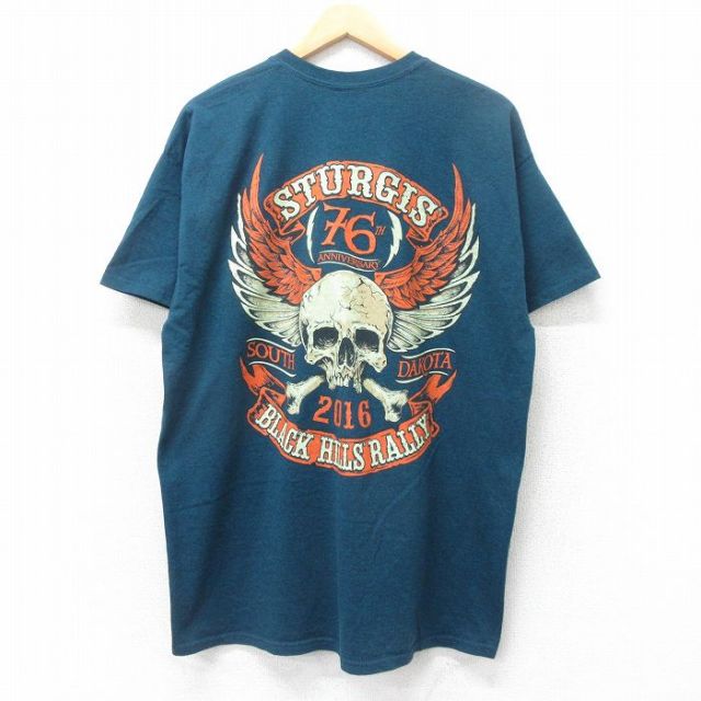 XL★古着 半袖 Tシャツ メンズ スタージス スカル クルーネック 紺系 ネイビー 霜降り 25jul25 中古