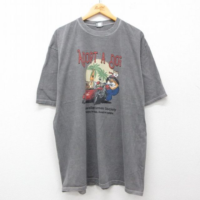 【20%OFF】XL★古着 Crazy Shirts 半袖 Tシャツ メンズ バイク 犬 両面プリント 大きいサイズ ロング丈 コットン クルーネック 濃グレー 25jul26 中古