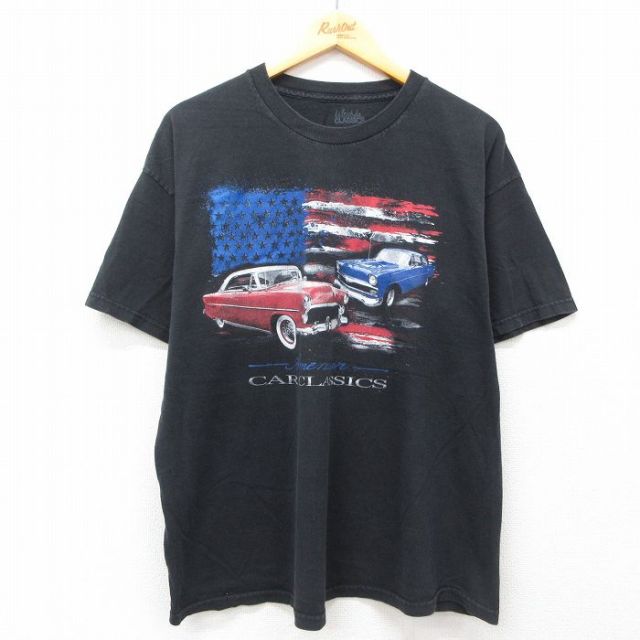 【50%OFF】XL★古着 半袖 Tシャツ メンズ 車 クラシックカー 星条旗 大きいサイズ コットン クルーネック 黒 ブラック 25jul26 中古