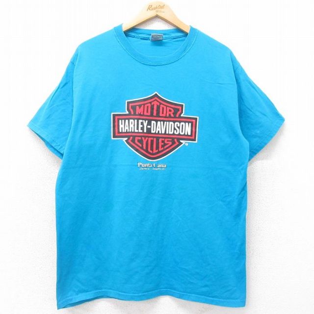 XL★古着 半袖 ビンテージ Tシャツ メンズ ハーレーダビッドソン Harley Davidson ビッグロゴ コットン クルーネック 水色 【spe】 25jul26 中古